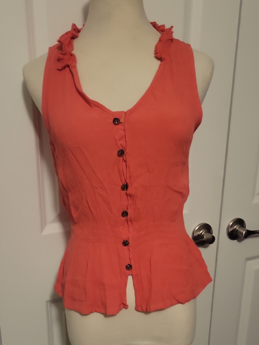 Moral Fiber Coral Ruffle-Trim Button Front Peplum Top M/L